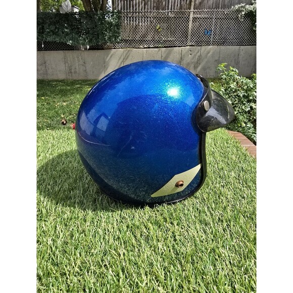 Vintage Blue Metallic Flake Motorcycle Helmet Size Medium With Visor 6 7/8-7 1/8 - Picture 5 of 14